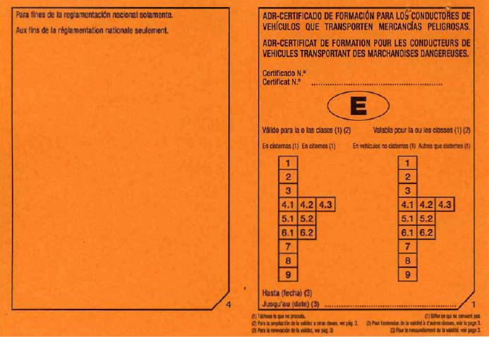 Anverso autorización ADR modelo antiguo